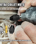 Hand using rotary tool with Fifteen Piece Drill Chuck Collet Set For Rotary Tool With Ten Brass Collets From One Thirty Second To One Eighth Inch Keyless Quick Change Chuck Nuts And Wrenches Replacement Accessory Kit For 3000 4000 7700 Series