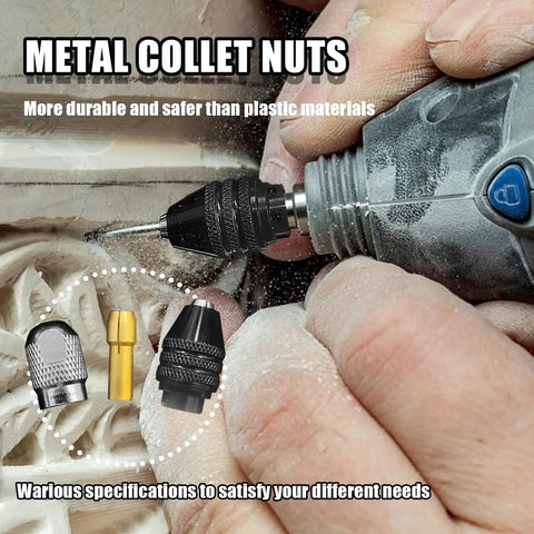 Hand using rotary tool with Fifteen Piece Drill Chuck Collet Set For Rotary Tool With Ten Brass Collets From One Thirty Second To One Eighth Inch Keyless Quick Change Chuck Nuts And Wrenches Replacement Accessory Kit For 3000 4000 7700 Series