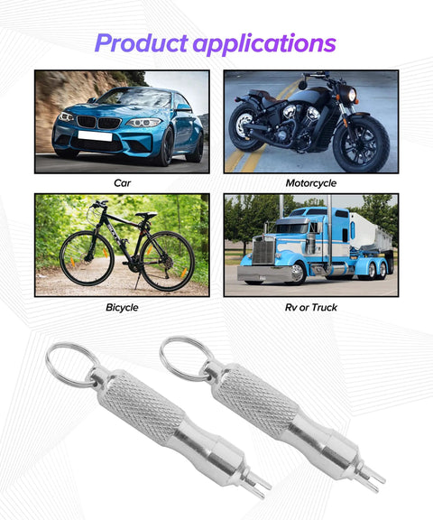 Two Piece Valve Stem Removal Tool Set Stainless Steel Tire Core Remover For Cars Motorcycles Trucks And Bicycles Portable Keychain Style Car Accessory For Standard Valve Cores with vehicles in background