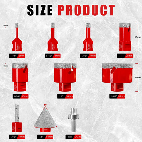 Diamond Hole Saw Kit For Tile Granite Marble Ceramic 10 Piece Drill Bit Set With various size bits and adapters shown