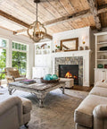 Farmhouse White Wood Pendant Chandelier For Dining Room With Open Cage Frame Rustic French Country Lighting Distressed Wood And Metal Finish Dual Finish Rustic Chic Ceiling Light hanging in living room