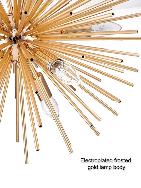 Close-up of Gold Sputnik Chandelier Pendant Light 12 Light Fixture showing golden alumina tubes and bulb socket detail