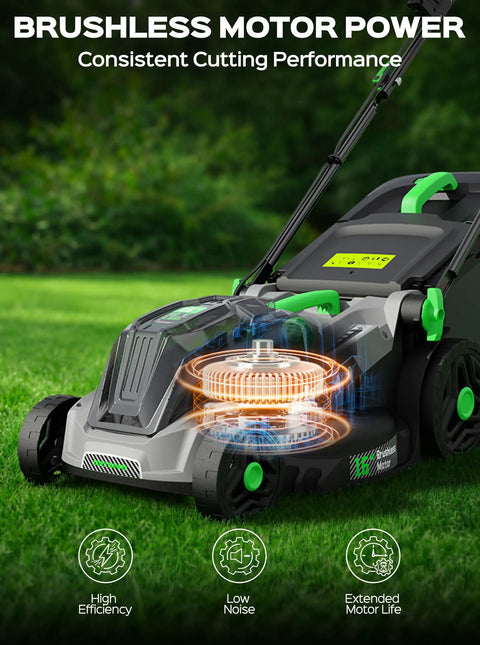 40V Cordless Lawn Mower With 16 Inch Deck And 4.0Ah Battery, Brushless Motor, Intelligent Cutting System Adapting To Dense Grass, Easy Push, Low Noise Green Finish.