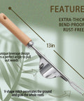 Diagram highlighting features of Three Pack Weed Puller Tools Set for Garden and Paver Cracks with wooden handle and stainless steel blade.