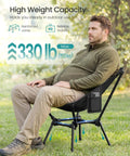 Person sitting on Portable Camping Chair With 330 Pounds Capacity Lightweight Backpacking Chair Adjustable Height Steel Frame Two Storage Pockets Solid Outdoor Hangout Seat For Travel Black on grass