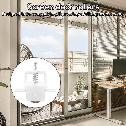 4 Pack Sliding Screen Door Rollers 1 Inch Spring Loaded Replacement Roller Assembly With Carbon Steel Ball Bearings Fits B646 B737 B691 B695 Door Wheels Includes Extra Screws No Frills Easy Install shown against a sliding glass door backdrop.