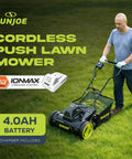 Cordless 24V Push Reel Lawn Mower With 360W Motor, 15 Inch Deck, Five Blade Razoreel System, 11.9 Gallon Grass Collection Bag, Quick Charge 4.0Ah Battery For Fast Power Up And Smooth Yard Cleanup, man mowing grass