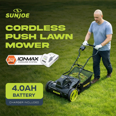 Cordless 24V Push Reel Lawn Mower With 360W Motor, 15 Inch Deck, Five Blade Razoreel System, 11.9 Gallon Grass Collection Bag, Quick Charge 4.0Ah Battery For Fast Power Up And Smooth Yard Cleanup, man mowing grass