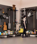 Garage Pegboard Tool Organizer Free Standing Rack with 21 Pegboard Storage Hooks holding tools and equipment in garage setting