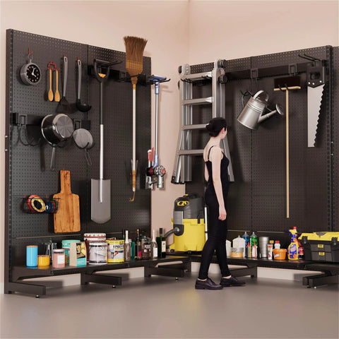 Garage Pegboard Tool Organizer Free Standing Rack with 21 Pegboard Storage Hooks holding tools and equipment in garage setting