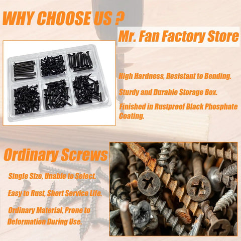 Wood And Drywall Screw Kit With 205 Piece Phillips Assortment In 6 Sizes For Easy DIY Projects 2 In 1-1/2 In 1-1/4 In 1 In 3/4 In 5/8 In Ideal For Wood And Drywall, black phosphate coated screws in PVC box