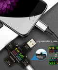 USB C Power Meter And Voltage Current Tester 2 In 1 Digital Multimeter measuring phone charging on a black surface.