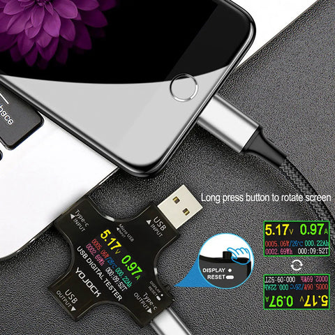 USB C Power Meter And Voltage Current Tester 2 In 1 Digital Multimeter measuring phone charging on a black surface.