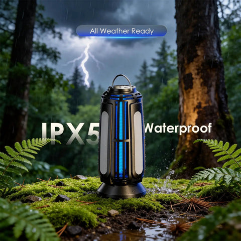 Sun Powered Dope Bug Zapper Outdoor With 5000mAh Battery USB-C Rechargeable And 4 Sided Solar Panels Waterproof Portable Mosquito Killer LED Light For Patio Garden Camping Backyard in forest setting, highlighting IPX5 waterproof feature.