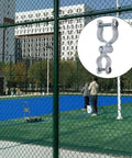 Two Pack Chain Link Fence Gate Hinge Set With Galvanized Steel Clamp On Hardware shown with sports court in background