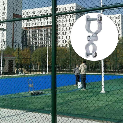 Two Pack Chain Link Fence Gate Hinge Set With Galvanized Steel Clamp On Hardware shown with sports court in background