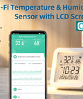Real Time WiFi Temperature Humidity Monitor With App Alerts And Alexa Control For Home Garage Wine Cellar And Greenhouse 2.4GHz WiFi Only TUYA Sensor Hygrometer Real Time Readings Push Alerts Alexa Compatible, white LCD sensor and phone display