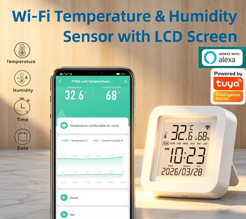 Real Time WiFi Temperature Humidity Monitor With App Alerts And Alexa Control For Home Garage Wine Cellar And Greenhouse 2.4GHz WiFi Only TUYA Sensor Hygrometer Real Time Readings Push Alerts Alexa Compatible, white LCD sensor and phone display
