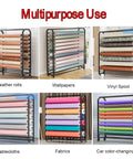 Rock Solid Commercial Fabric Roll Storage Rack Featuring Adjustable Hanging Bars For Wallpaper Linen Setup Plus Hella Sturdy Steel Frame Top Tier Workshop Organizer with leather rolls and fabrics