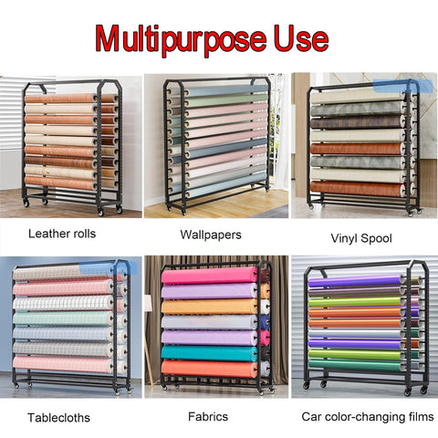 Rock Solid Commercial Fabric Roll Storage Rack Featuring Adjustable Hanging Bars For Wallpaper Linen Setup Plus Hella Sturdy Steel Frame Top Tier Workshop Organizer with leather rolls and fabrics