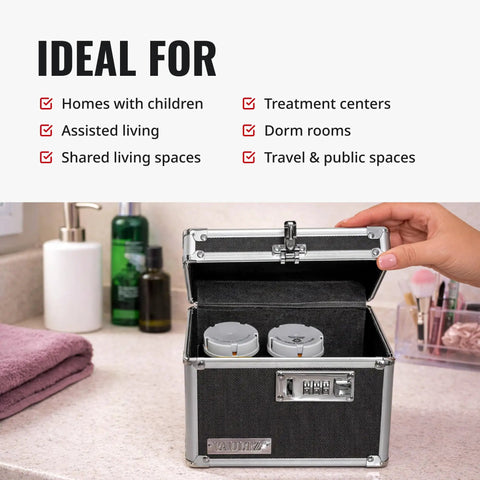 Person opening Locking Medicine Box With Combination Lock For Safe Medication Storage Portable Metal Lock Box For Pills And Valuables Small Code Protected Storage Case Black on bathroom counter.