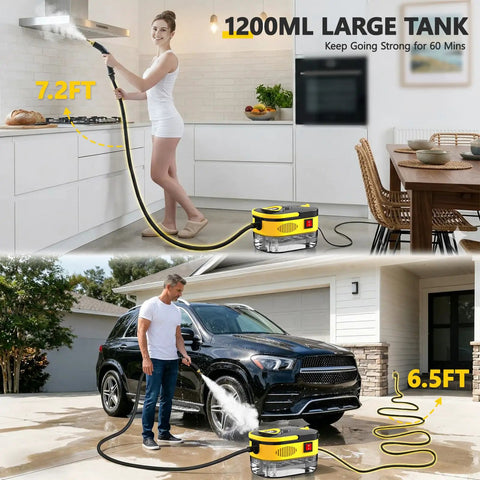 Portable Handheld Steam Cleaner With Six Adjustable Pressure Levels And Fifteen Utility Tips Blasts Out High Heat To Straight-Up Banish Kitchen Grease Tile Scum And Vehicle Exterior Filth Without Toxic Sprays For Quick Daily Scrubdowns in use for kitchen and car cleaning.