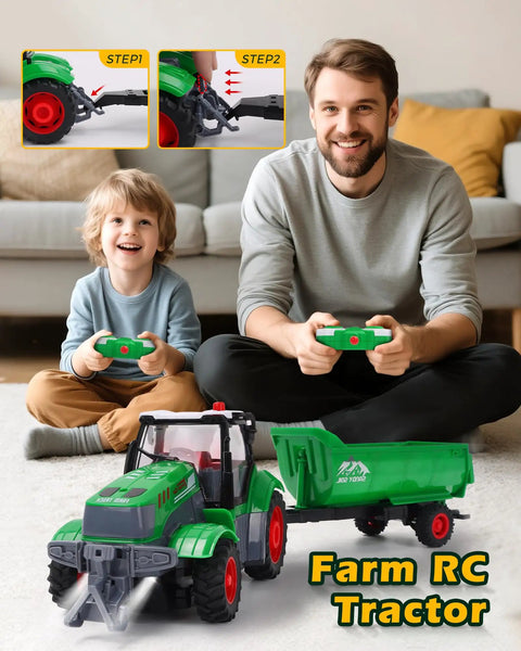 Father and son playing with Remote Control Tractor 1 To 24 Scale With Dump Trailer Rechargeable RC Farm Vehicle Toy With Lights And Sounds