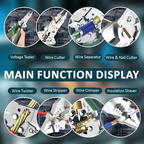 Main function display of 14 In 1 Wire Stripping Pliers With Rechargeable Battery, Built In Voltage Tester And Alarms, Green