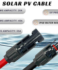 Heavy Duty 10 AWG PV Solar Extension Cable Pair, 15 Ft Black And 15 Ft Red, UL4703 600V, Pure Copper Conductors, connectors visible