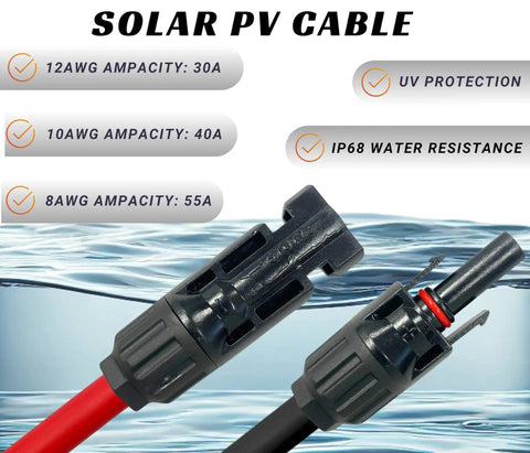 Heavy Duty 10 AWG PV Solar Extension Cable Pair, 15 Ft Black And 15 Ft Red, UL4703 600V, Pure Copper Conductors, connectors visible