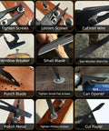 Light Purple 17 In One Tactical Multitool Pliers with Built-In Flint showcasing multiple tools and uses on wood and metal surfaces