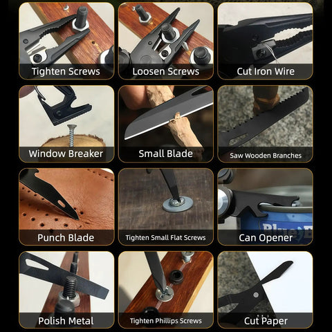 Light Purple 17 In One Tactical Multitool Pliers with Built-In Flint showcasing multiple tools and uses on wood and metal surfaces