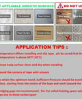 Application tips for applying 4 Inch By 33 Foot Anti Slip Tape With Reflective Stripe, suitable and unsuitable surfaces shown.