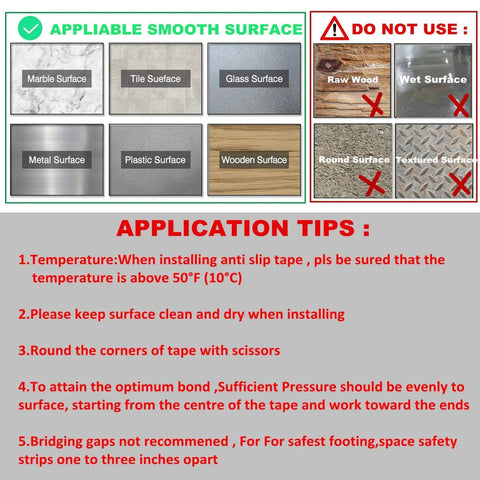 Application tips for applying 4 Inch By 33 Foot Anti Slip Tape With Reflective Stripe, suitable and unsuitable surfaces shown.