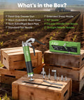 J-KU grease gun kit, 14 oz manual pistol-grip, green body with air bleed valve, includes multiple nozzles and accessories.
