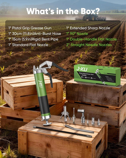 J-KU grease gun kit, 14 oz manual pistol-grip, green body with air bleed valve, includes multiple nozzles and accessories.