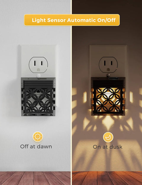 Dusk To Dawn LED Night Light With Dimmable Vintage Glow Soft White 3000K Black Frame showing on at dusk and off at dawn