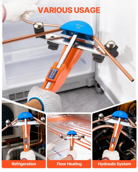 Copper And Aluminum Tubing Bender Kit One Quarter Inch To Seven Eighths Inch With Ratcheting Workhorse Pipe Bender Forward And Reverse Action Seven Color Dies For HVAC Air Conditioning Refrigeration in use