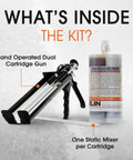 Polyflex DS Asphalt Crack Sealer Kit With Gun, dual cartridge gun and 21 oz gray sealer shown with static mixer
