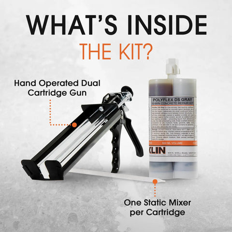 Polyflex DS Asphalt Crack Sealer Kit With Gun, dual cartridge gun and 21 oz gray sealer shown with static mixer
