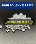 High toughness PETG resin beads labeled for high flow, non-stick mold performance.