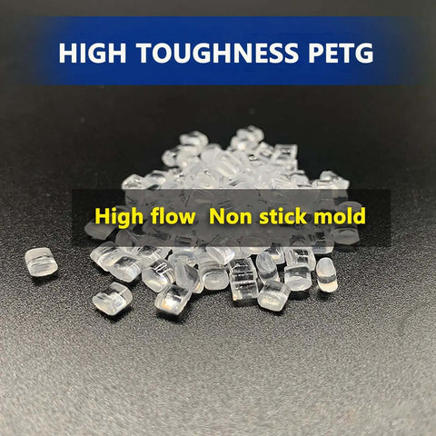 High toughness PETG resin beads labeled for high flow, non-stick mold performance.