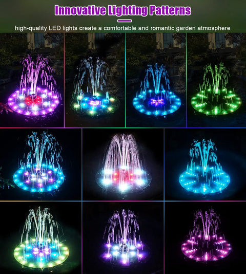 Colorful lighting display of Upgraded Solar Fountain For Garden Pond And Bird Bath With 60 LED RGB Lights 7 Nozzles And 4 Fixers