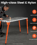 Heavy Duty Folding Welding Table With Adjustable Height And 1000 Lb Capacity Shop Grade Steel Workbench Built Tough For Sheet Metal Fab Portable Workstation Ready For Your Next Build, being used for welding.