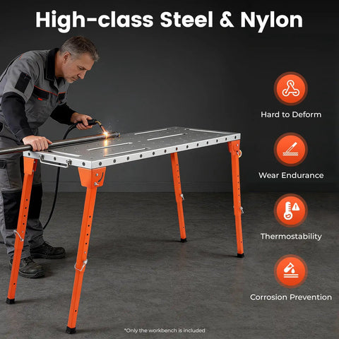 Heavy Duty Folding Welding Table With Adjustable Height And 1000 Lb Capacity Shop Grade Steel Workbench Built Tough For Sheet Metal Fab Portable Workstation Ready For Your Next Build, being used for welding.