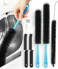 Hand holding a brush from Dryer Vent Cleaner Kit 5 Piece Flexible Snake Brush Set For Lint Removal And Tight Spaces Clean Vents Drains Fridge Coils And More Your Handy Go To All Purpose Home Cleaning Tool, displayed with other brushes against dryer
