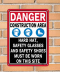 Front view of 2 Pack Danger Construction Area PPE Must Be Worn Signs 14 Inch By 10 Inch Rust Free Aluminum Outdoor Ready