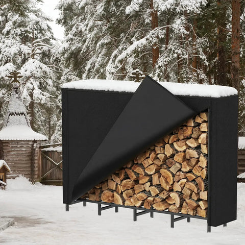 Tough As Nails Heavy Duty Outdoor Firewood Storage Rack with Weather Resistant 600D Cover in snowy landscape, logs visible
