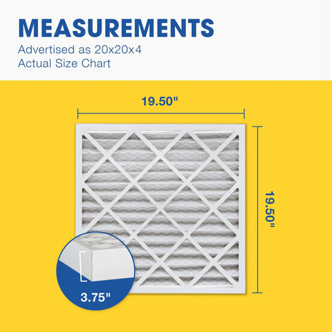 Diagram showing size of 20x20x4 MERV 8 Pleated HVAC Filter 6 Pack For Furnace And Air Conditioner; actual size 19.5x19.5x3.75 inches.