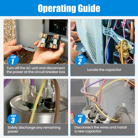 Installation guide for a 45 Plus 5uF Dual Run Start Capacitor For Heat Pumps And Air Conditioners, 370 440VAC CBB65.